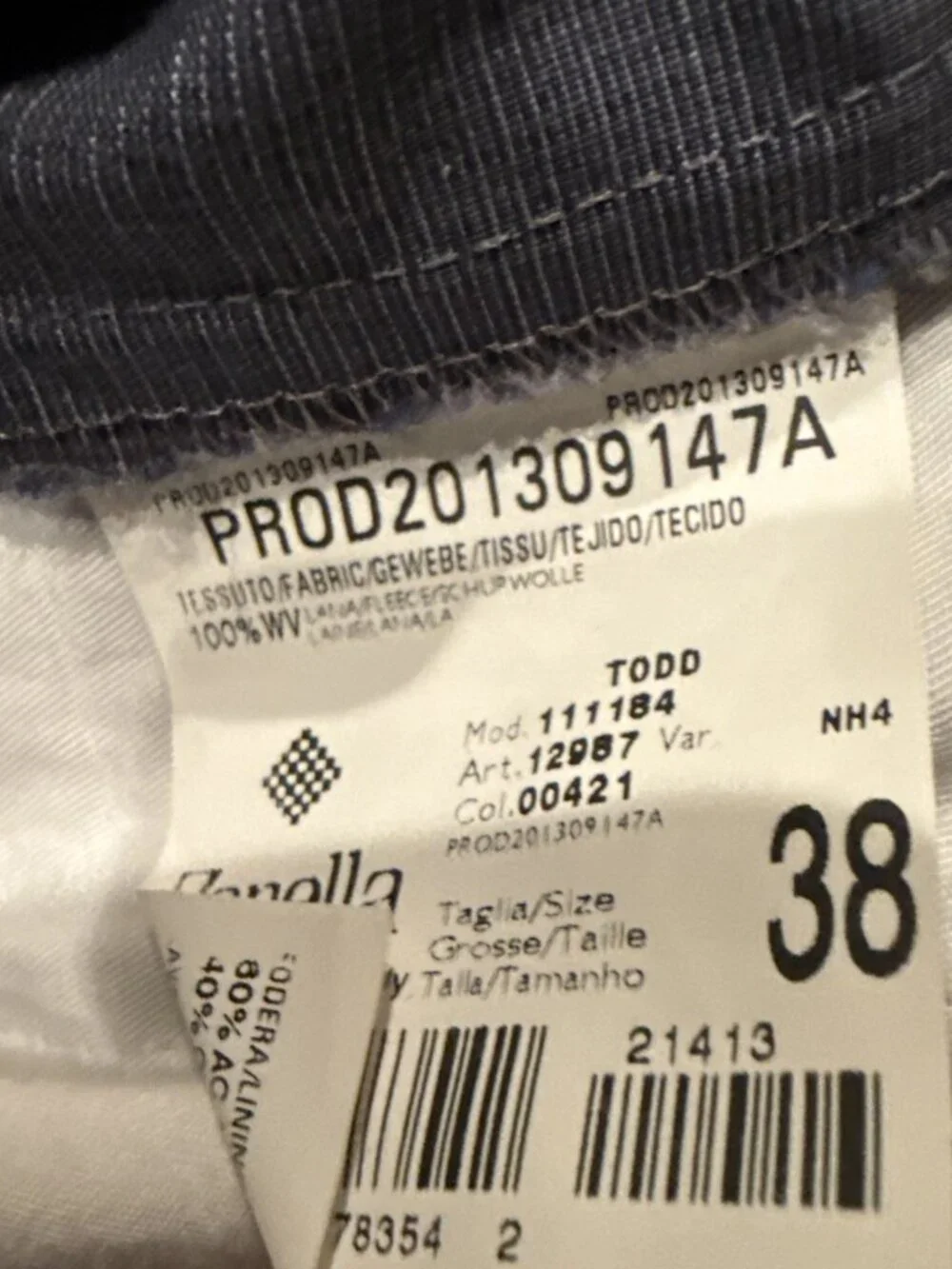Zanella Men’s 38X31 Blue Todd Flat Front Classic Dress Pants Wool Trousers